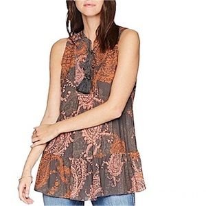 Ella Moon Boho Paisley Earth Tones Lace Up Tassel Tunic Top Gray Orange M Fairy